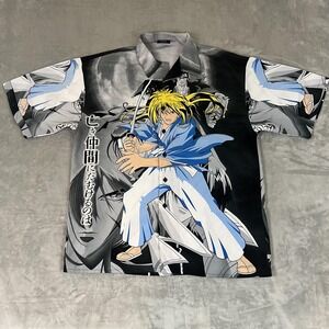 ZEN Shirt Mens XL Black Blue Anime Samurai Button All Over Print Graphic